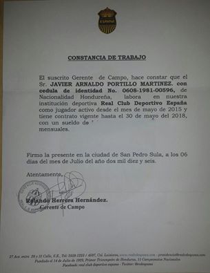 Javir Portillo mostró este documento que demuestra su vinculo con la "Maquina" hasta Mayo del 2018.