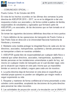 El comunicado fue compartido en su página de Facebook.