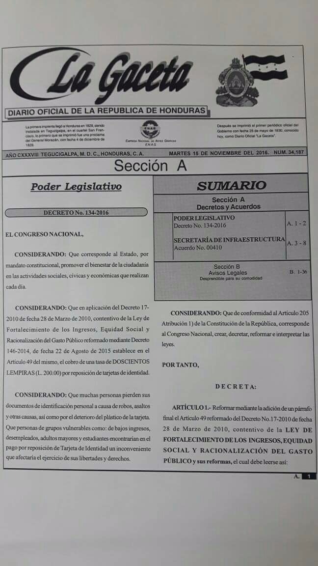 Gaceta.Decreto que autoriza el no cobro de reposición de identidad
