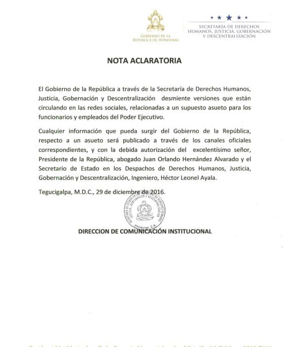 Desmienten asueto de empleados del Poder Ejecutivo de Honduras