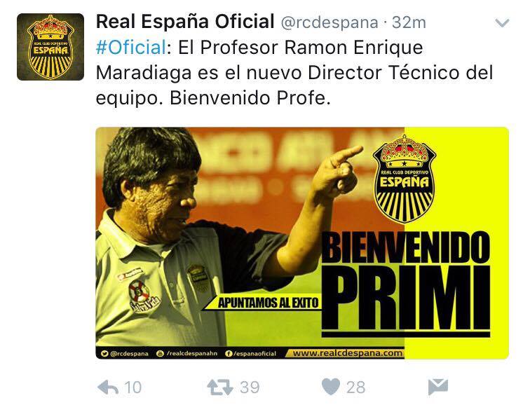 "Bienvenido Profe" así daba a conocer la maquina la contratación de Primitivo Maradiaga.