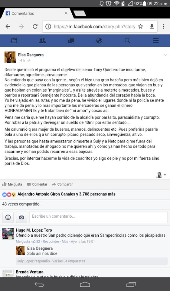 Publicación de Elsa Oseguera en su Fanpage de Facebook.