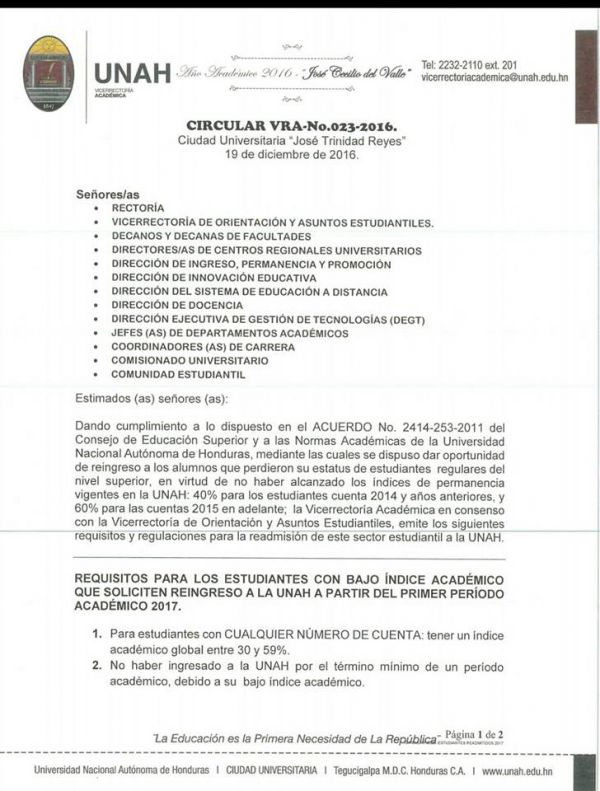 Los estudiantes de la UNAH con bajo índice