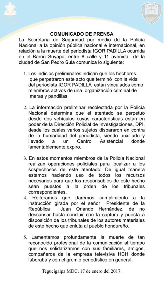 Comunicado que extendió la Secretaría de Seguridad en Honduras