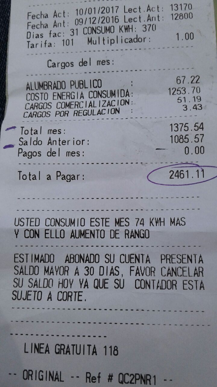 El recibo de luz de la familia Meléndez.