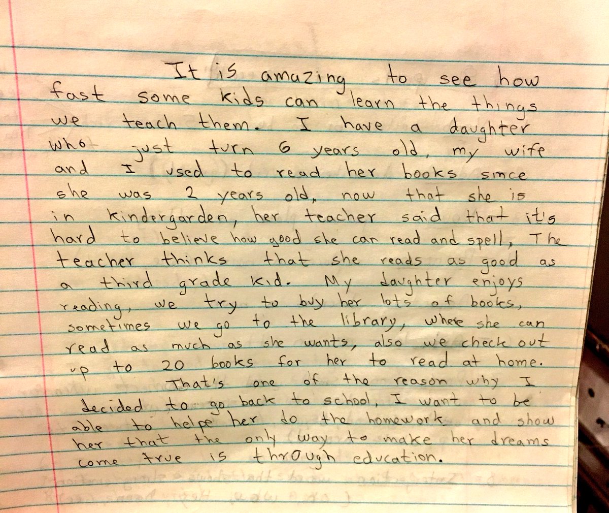 La carta fue escrita como una de sus tareas de inglés.