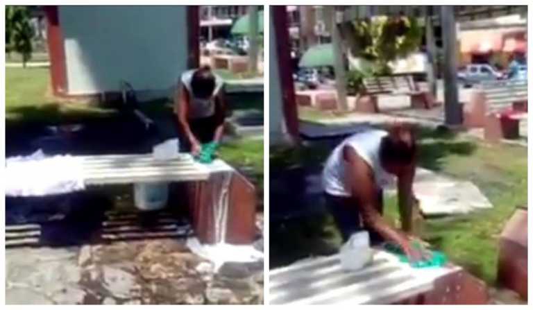 lavando ropa en una banca