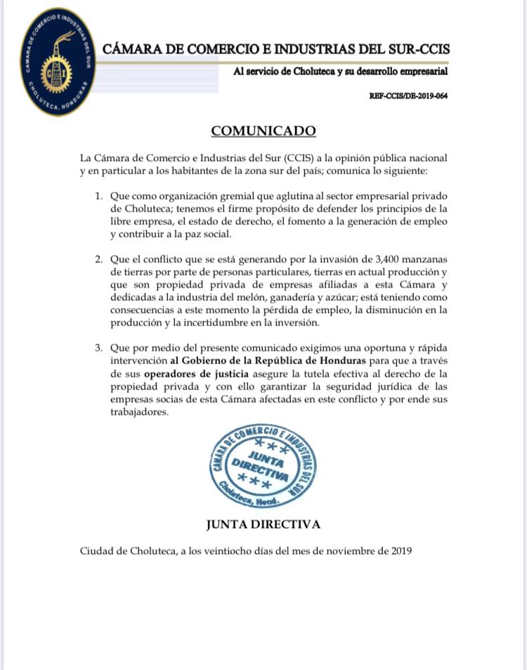 Comunicado de la Cámara de Comercio e Industrias del Sur (CCIS).