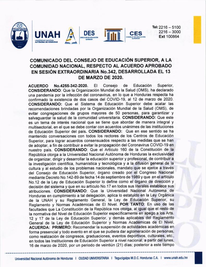 Comunicado del Consejo de Educación Superior