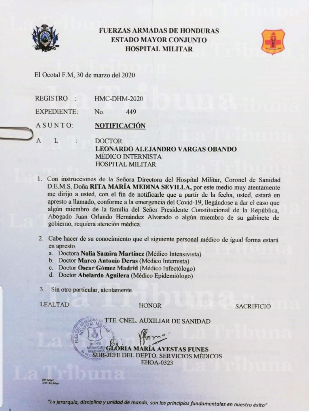 El documento enviado por las Fuerzas Armadas a los cinco elegidos para la tarea.