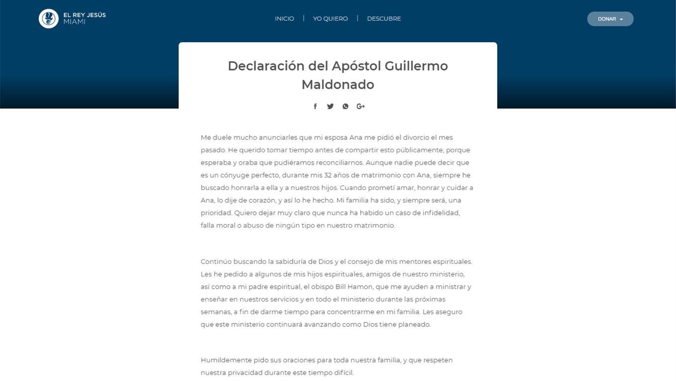 Comunicado del Apóstol Guillermo Maldonado