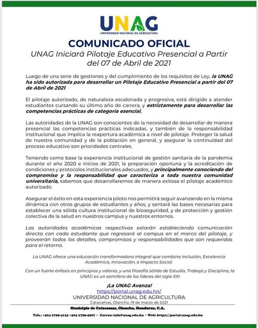 Comunicado emitido por la UNAG.