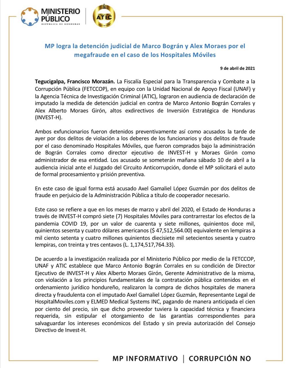 Comunicado emitido por el MP.