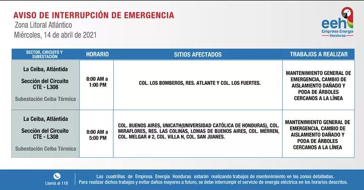 EEH y ENEE cortes de energía