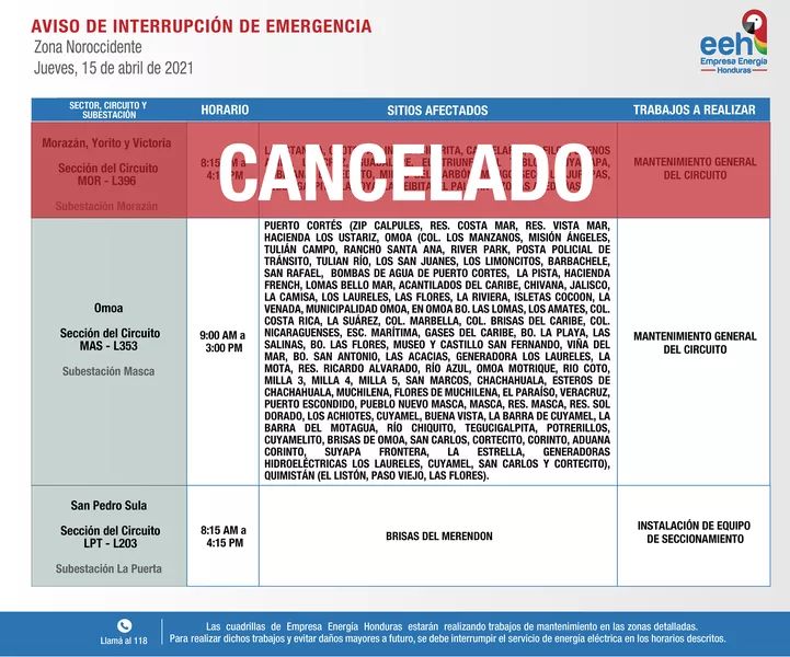 EEH y ENEE cortes de energía