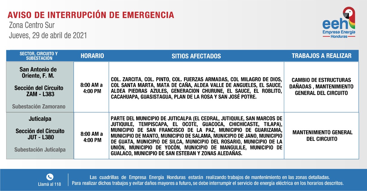 cortes de energía jueves EEH