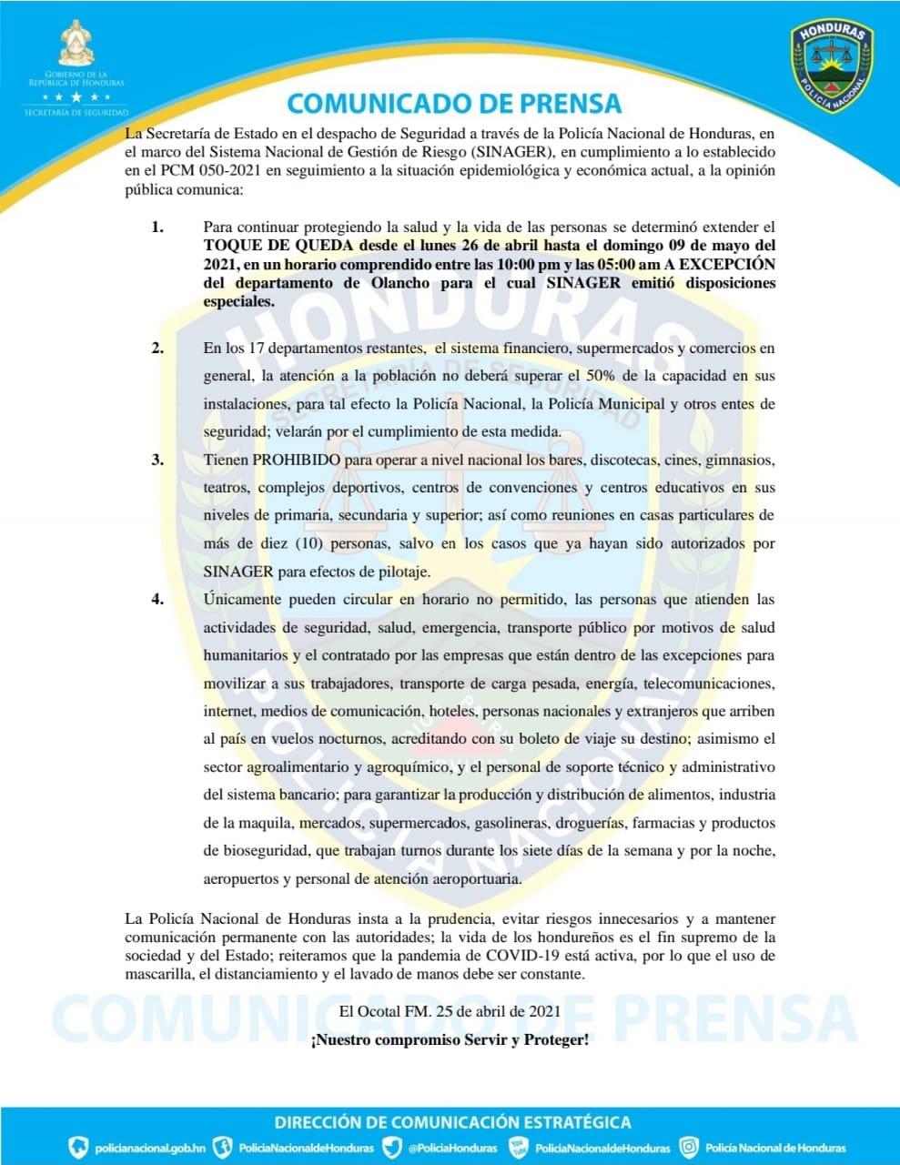  SINAGER extiende toque de queda