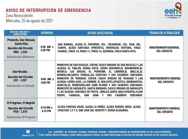 Cortes de luz miércoles 25