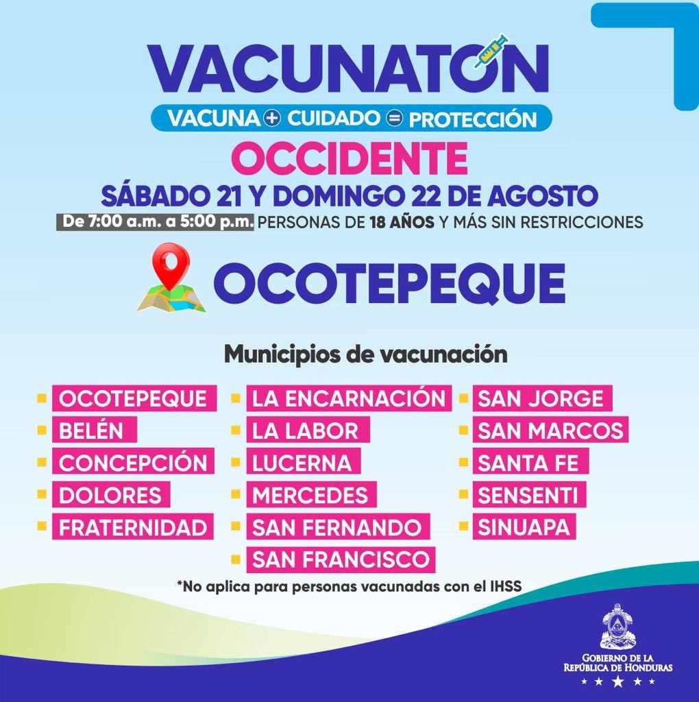 El cuarto Vacunatón en Ocotepeque de 7:00 a.m. a 5:00 p.m.