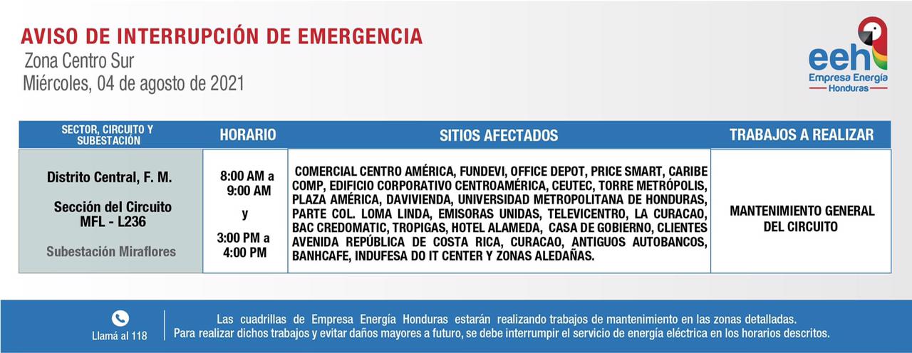 Cortes en zona centro-sur.