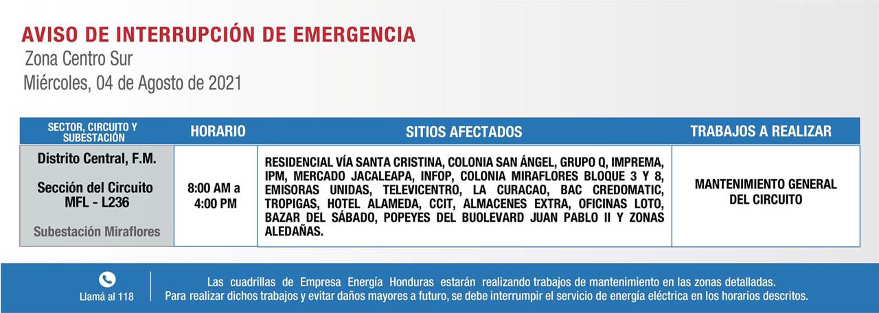 Cortes en zona centro-sur.