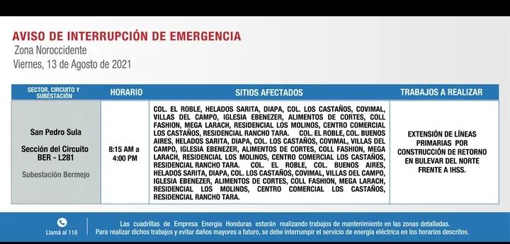 En Comayagua y SPS no habrá luz