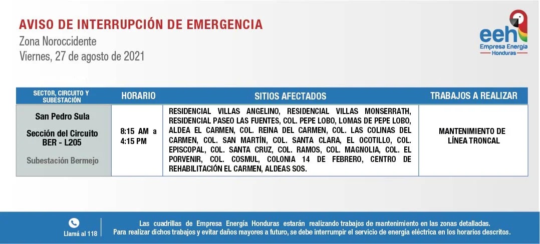 EEH cortes de energía viernes