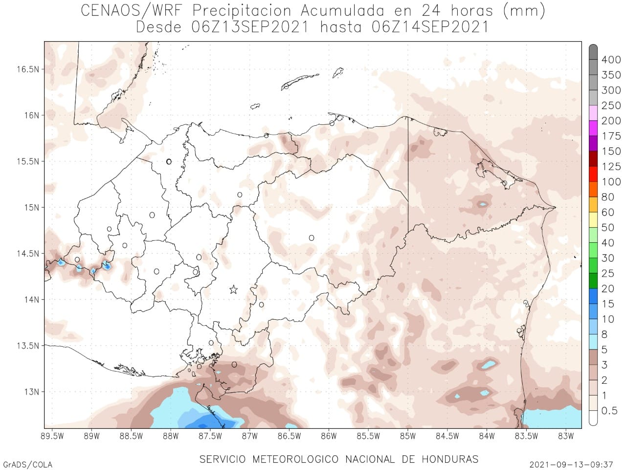 Mapa compartido por CENAOS que muestra las precipitaciones acumuladas por 24 horas en Honduras.