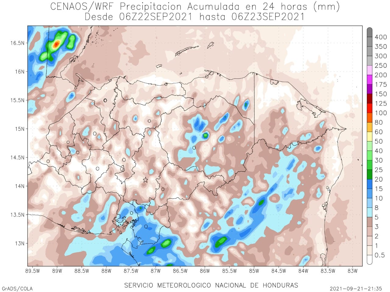 Mapa de las condiciones climáticas para hoy en Honduras.