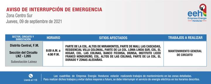 Cortes de luz jueves 9 de septiembre