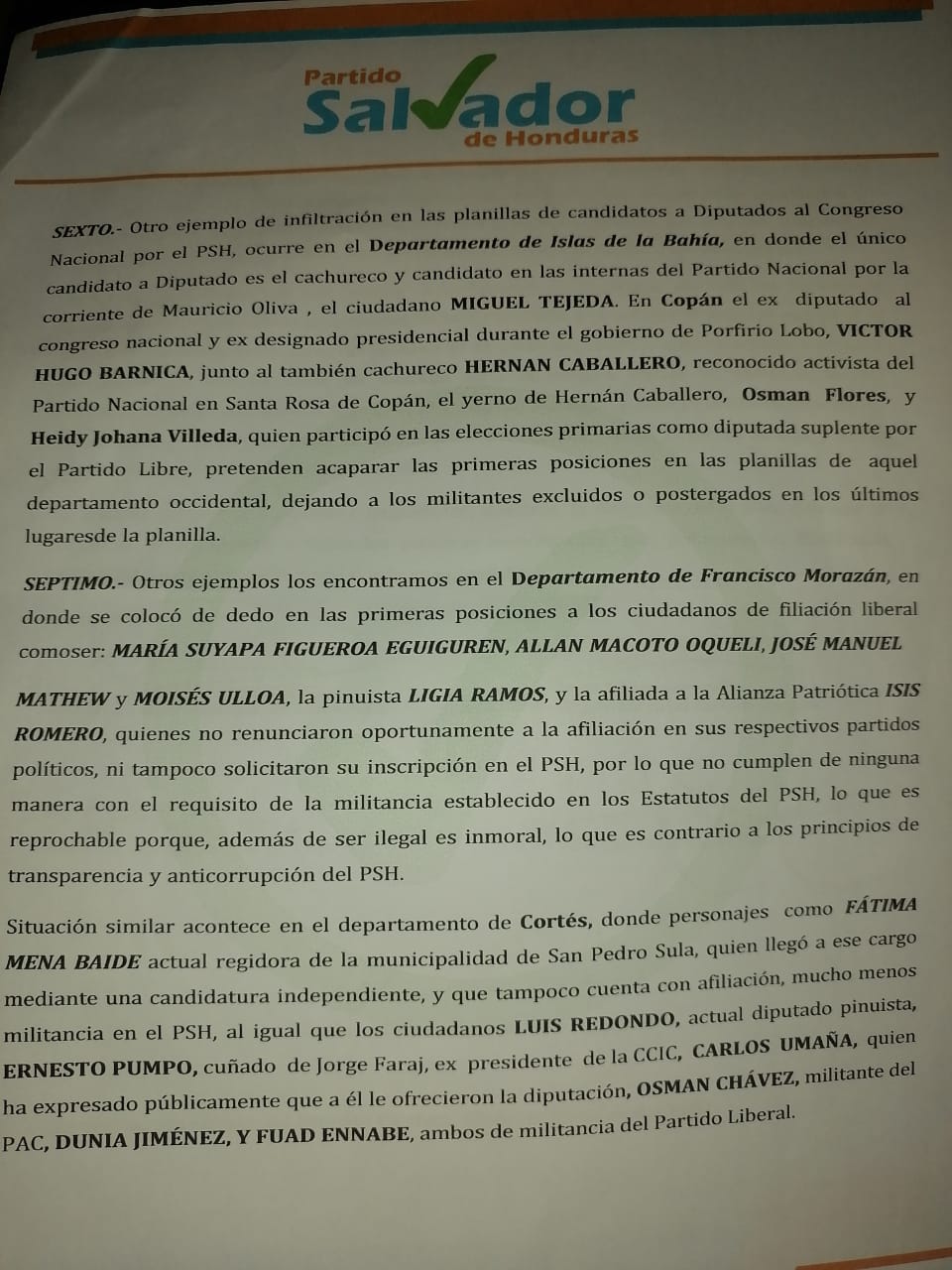 Piden eliminar candidatos a diputados de PSH