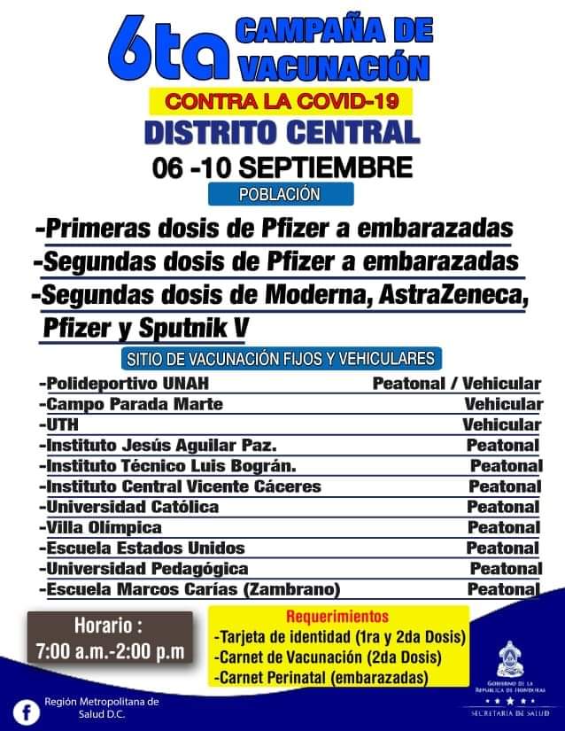 Horarios y puntos de vacunación en Tegucigalpa.