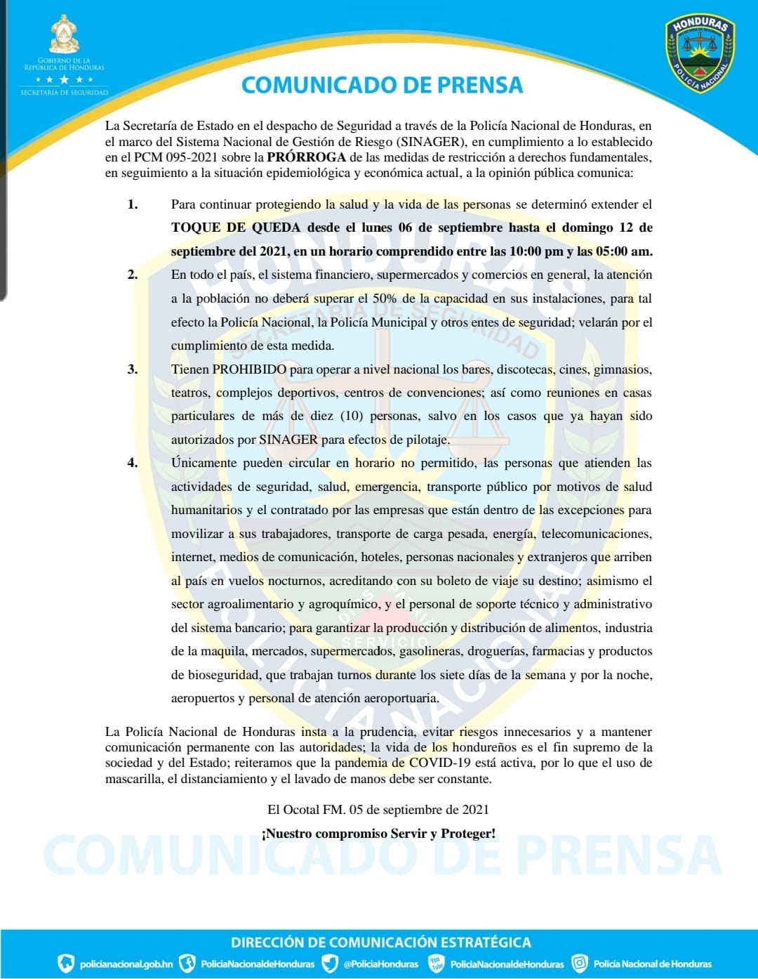 toque de queda Honduras en septiembre