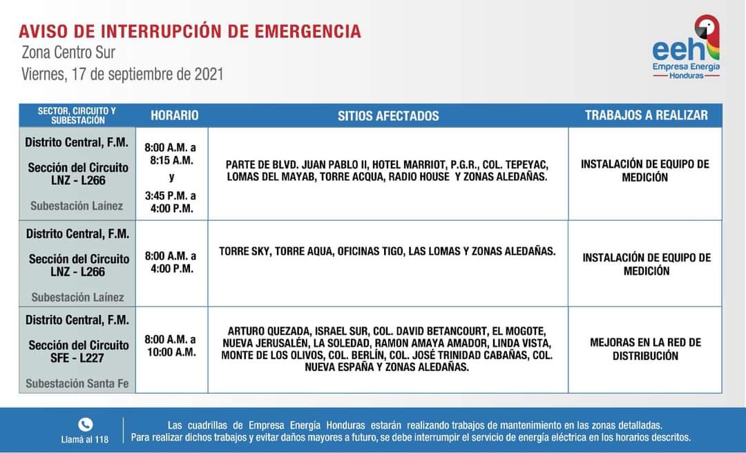 Horario de cortes eléctricos.