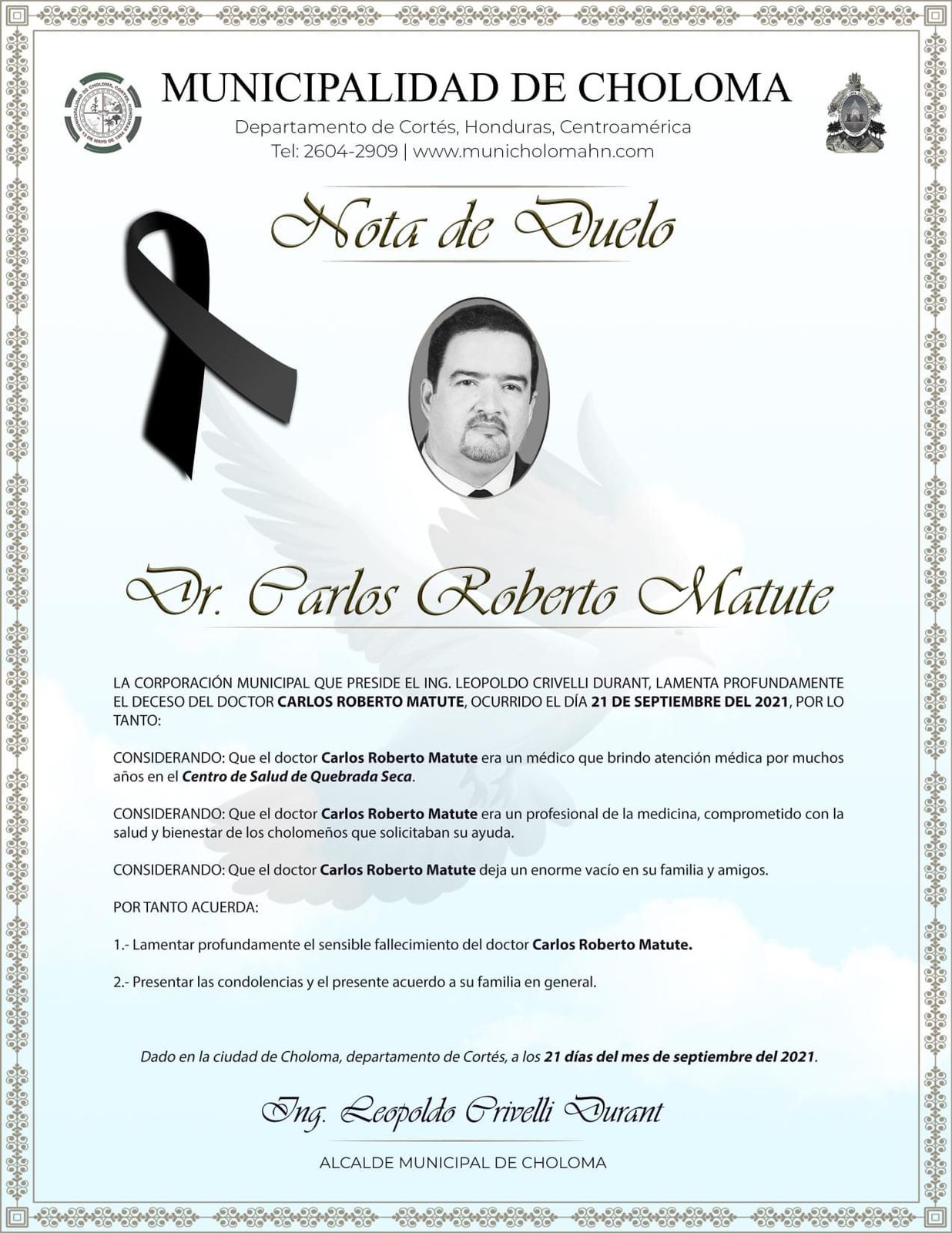 Nota de duelo Municipalidad de Choloma.