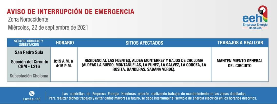 La EEH también anunció cortes de energía para SPS.