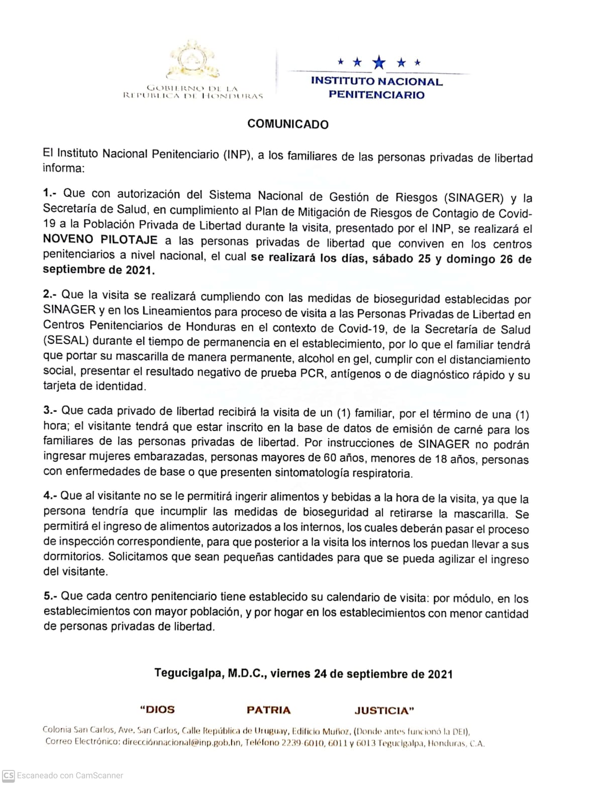Comunicado publicado por el INP.