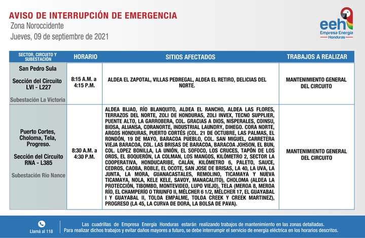 Cortes de luz jueves 9 de septiembre