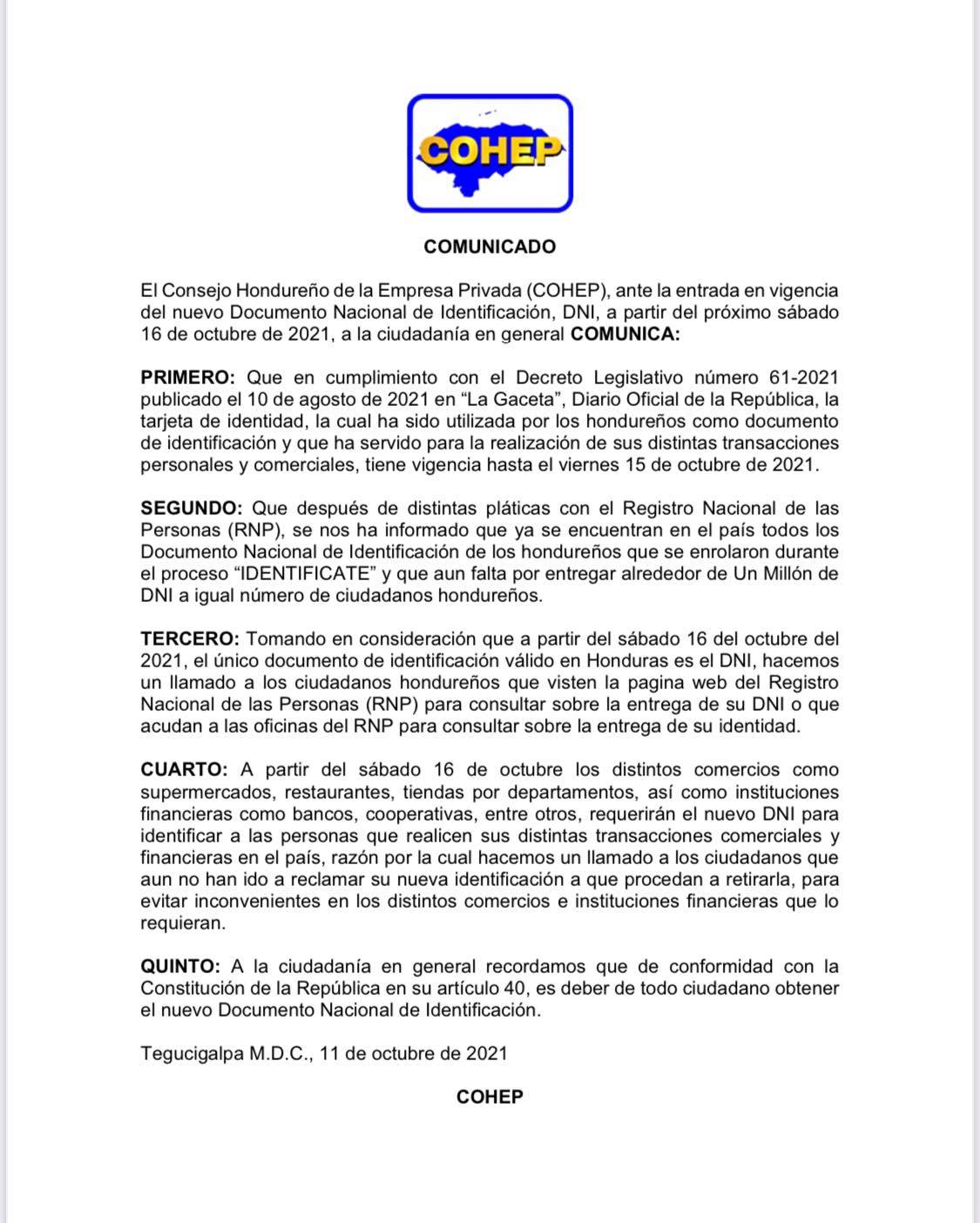 Comunicado del COHEP. 