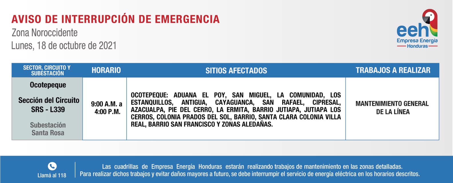 cortes lunes 18 octubre