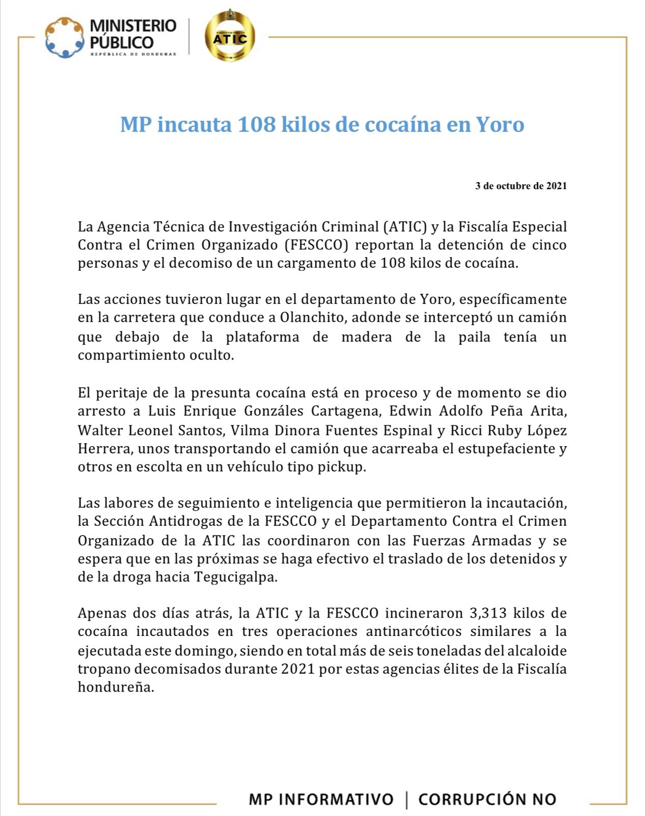 Comunicado del Ministerio Público.