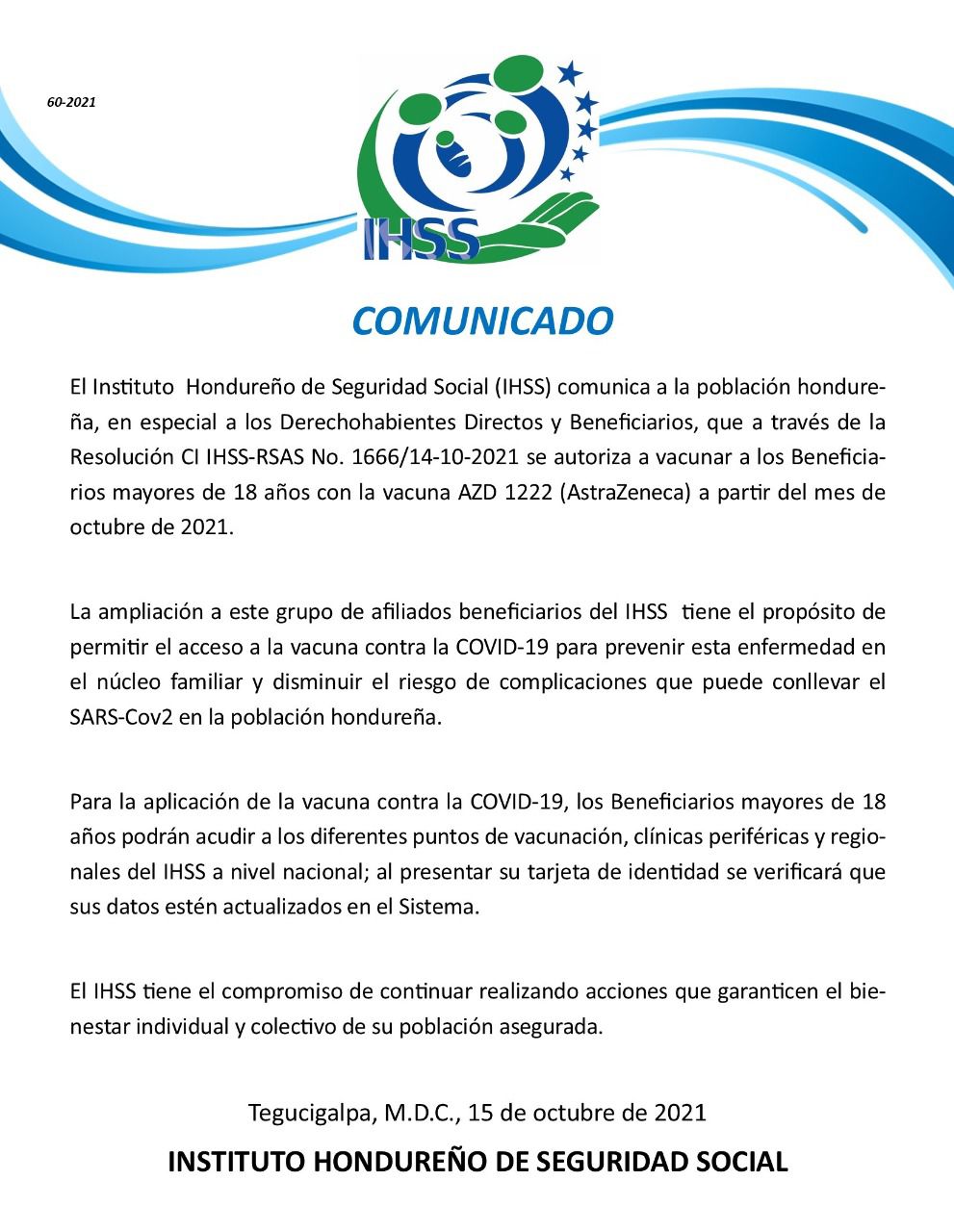 Comunicado del IHSS.