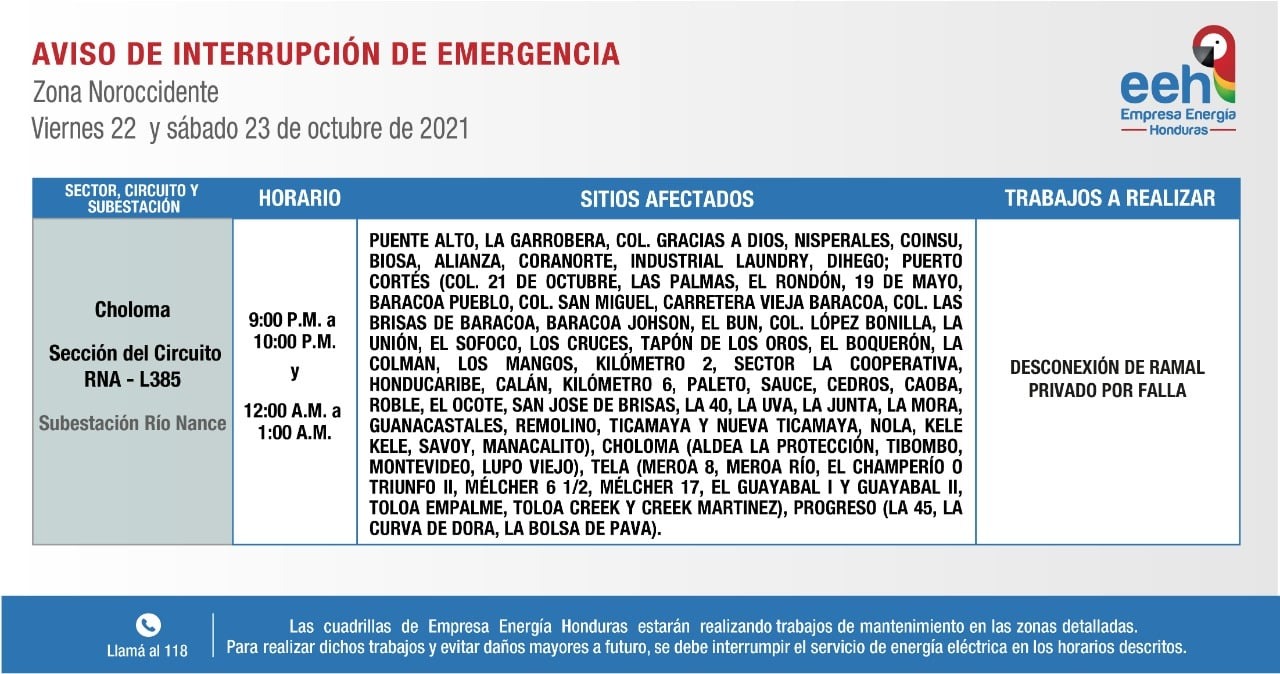 cortes de energía este sábado en Honduras
