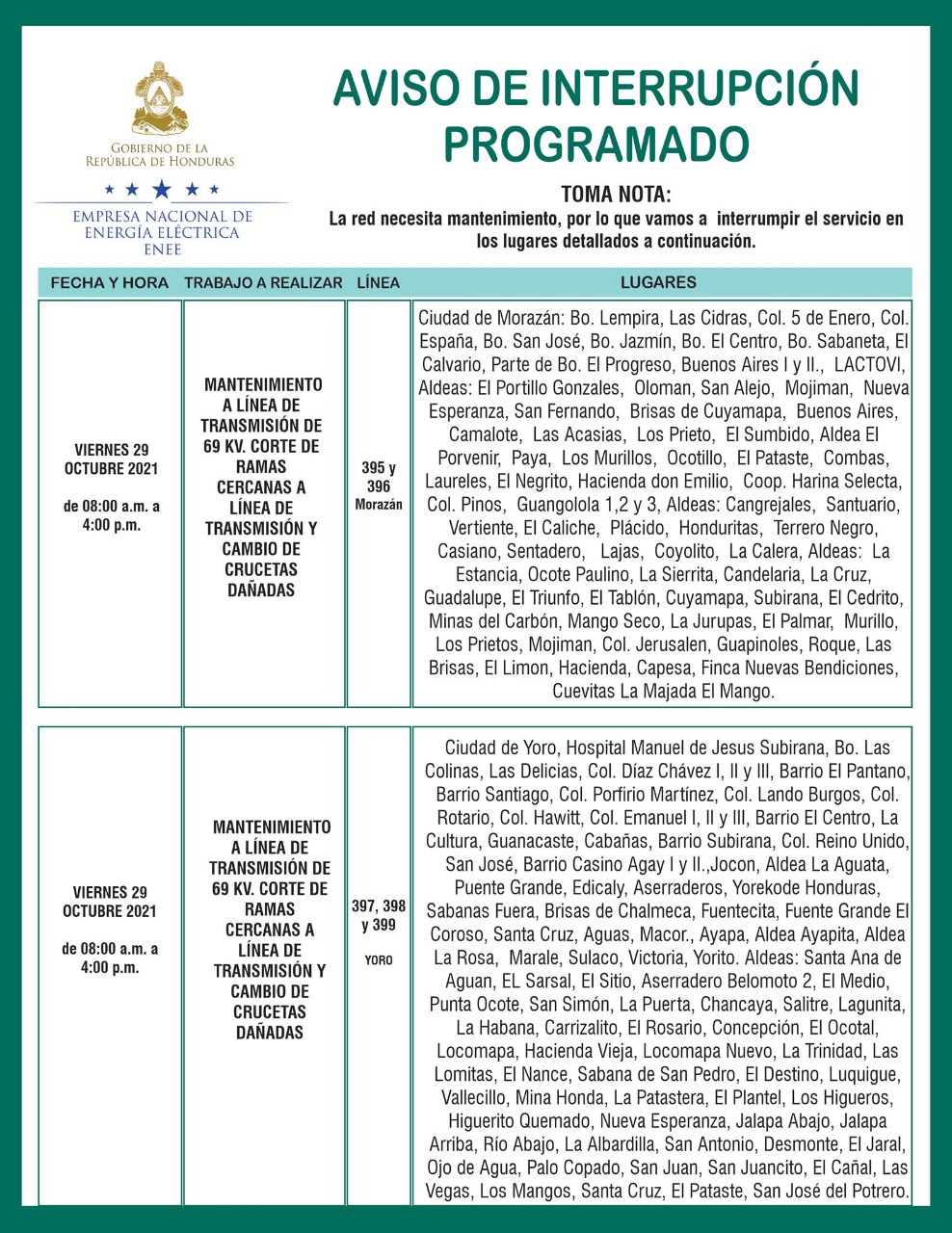 cortes de energía este viernes en Honduras