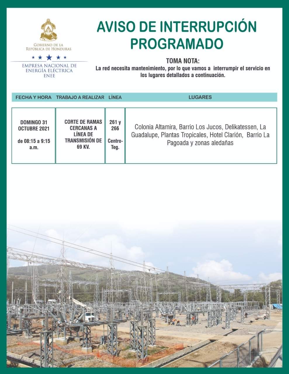 cortes de energía domingo Honduras