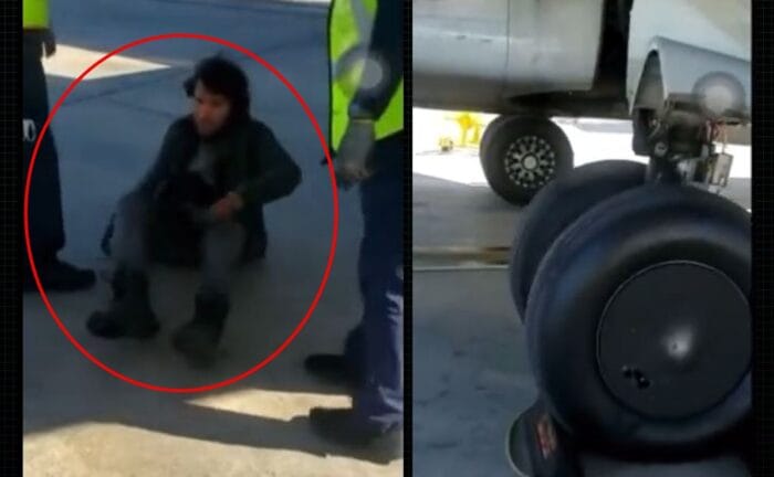 Hombre viaja en neumático de avión