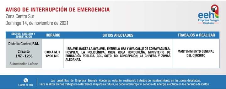 Cortes de luz domingo 14 de noviembre