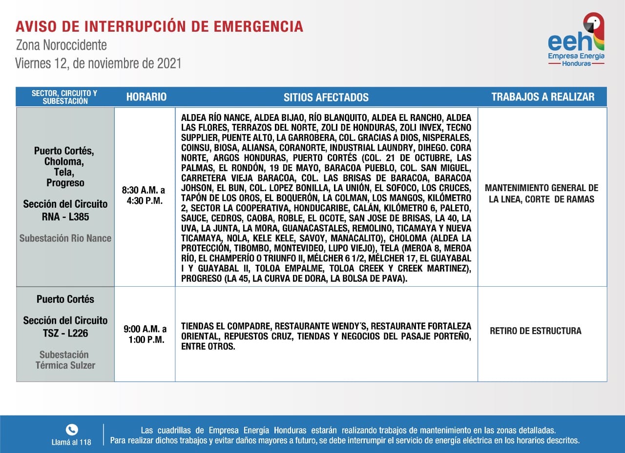 Cortes de energía 12 de noviembre