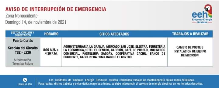 Cortes de luz domingo 14 de noviembre