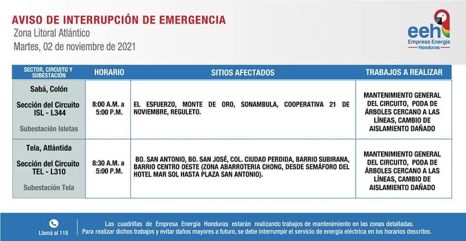 EEH cortes de energía martes